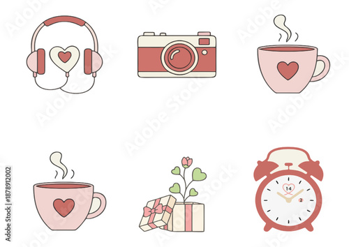 Collection of Valentine's Day themed icons including headphones, camera, and coffee cups
