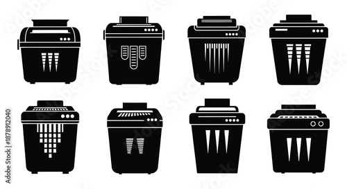 A collection of black waste bin icons in various shapes and designs