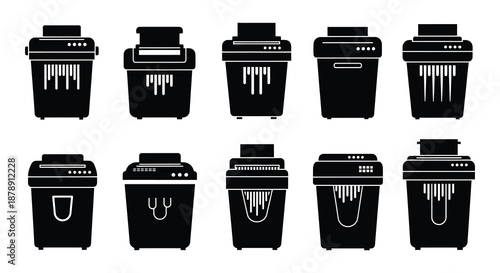 A collection of black waste bin icons in various shapes and designs