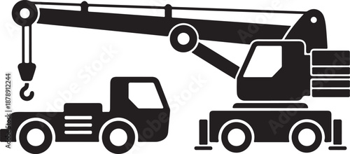 Black and white of a crane truck with hook vehicle construction