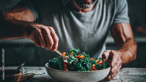 Shot of a cook stirring a colorful organic salad bowl in a welllit setting focusing on the wholesome natural ingredients of environmentally friendly eating habits.