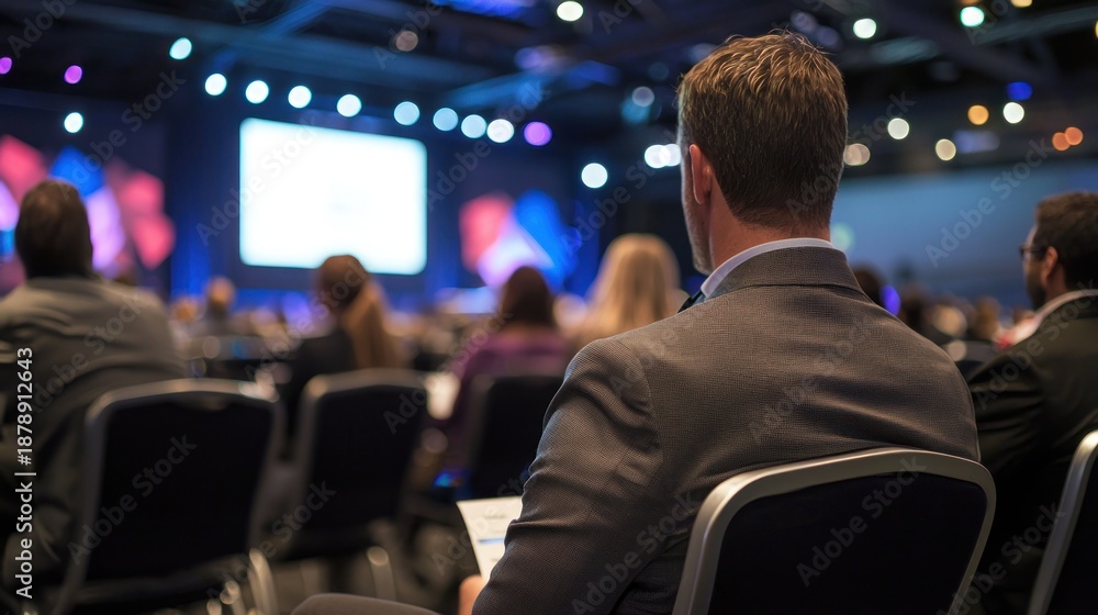 Fototapeta premium A man in a suit sitting in a chair at a conference, with a screen in the background displaying colorful graphics.