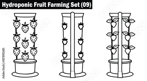 Hydroponic fruit farming set nine line art vector illustrations.
