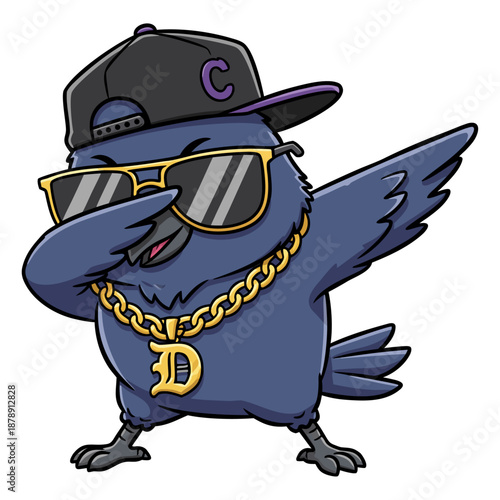 A cute cartoon Crow doing a dabbing dance, wearing sunglasses, a hat, and a gold necklace.