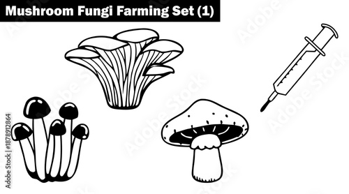 Mushroom fungi farming set one line art vector illustration.