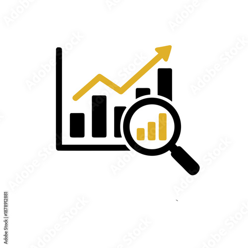 Business Performance Analytics and Growth Chart with Magnifying Glass Icon
