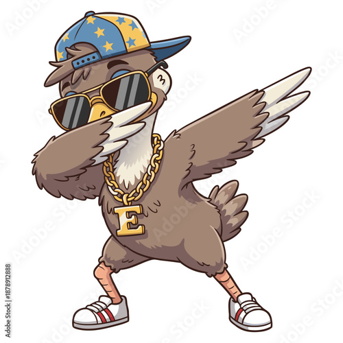 A cute cartoon Emu doing a dabbing dance, wearing sunglasses, a hat, and a gold necklace.