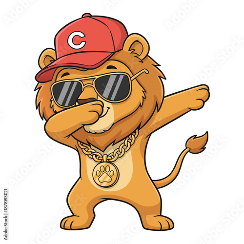 An endearing cartoon Lion showing off a dab dance move, dressed in cool eyewear, headgear, and a gold necklace.