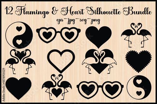 Flamingo and heart silhouette bundle for charming romantic themed digital art Vector, illustration