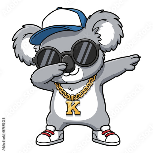 A playful animated Koala doing the dab motion, wearing trendy sunglasses, a cap, and a golden chain.