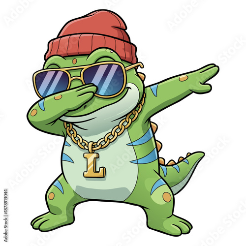 A lovable cartoon-style Lizard performing the dabbing dance, decked out in shades, a cap, and a golden chain.