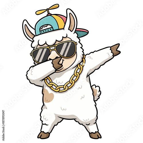A sweet illustrated Llama hitting a dab pose, outfitted with sunglasses, a hat, and gold jewelry.