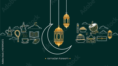 Celebrating Ramadan with golden lanterns and crescent moon in a serene night sky scene, viewed from above.