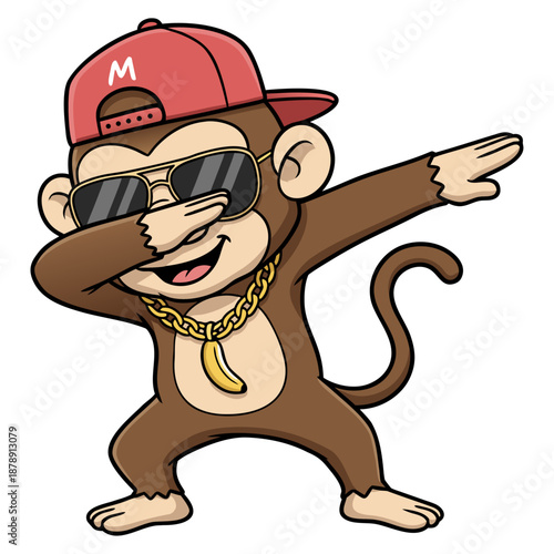 A delightful animated Monkey busting out a dab move, sporting eyewear, a hat, and a gold necklace.