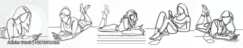 line art of a woman lying on the floor with a phone