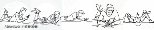 line art of a man lying on the floor with a phone