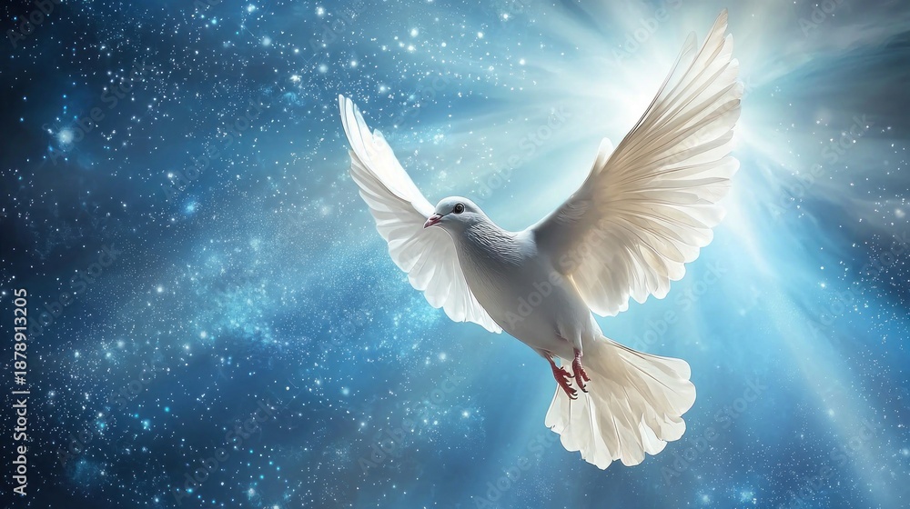 Obraz premium A white dove with wings spread against a starry, blue sky.