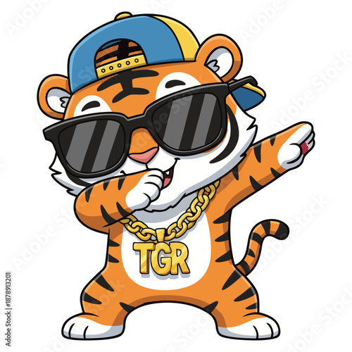 A charming cartoon Tiger striking a dabbing pose, dressed in cool sunglasses, headwear, and a gold chain necklace.