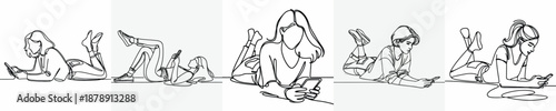 line art of a woman lying on the floor with a phone