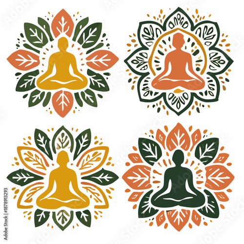 mandala breath: four meditative figures bloom in earthy symmetry beneath leaves of calm and color