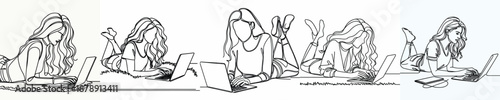 line art of a woman lying on the floor with a laptop