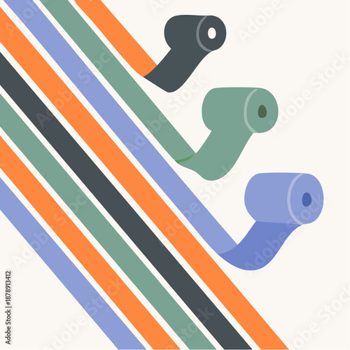 unroll and align: diagonal ribbons of color stream from bold rolls in a modern cascade