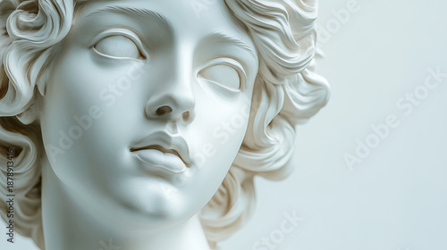 Close-up of a white marble classical sculpture of a youth with wavy hair, featuring soft lighting and a clean, minimalist aesthetic. Ideal for art history websites, interior design blogs, and museum
