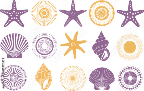 Seashell & Starfish Vector Set  Purple and Yellow Marine Collection
