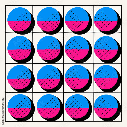 split signal: patterned circles cast shadows in a grid of pink-blue contrast and diagonal rhythm