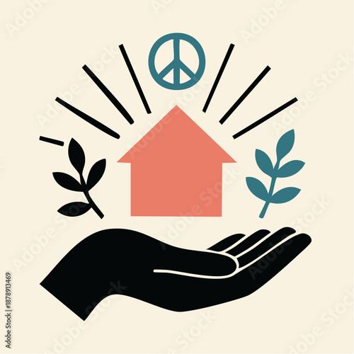 peaceful roots: a black hand lifts home and harmony beneath radiant lines and branching growth