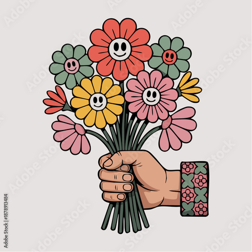 happy handful: smiling blossoms beam from a patterned sleeve in a bouquet of playful joy