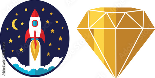 Modern Flat Vector Illustration of a Rocket Launching into Space and a Bright Golden Diamond for Success Concepts.