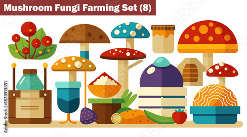 Mushroom fungi farming set eight agriculture cultivation production flat Vector Illustration.