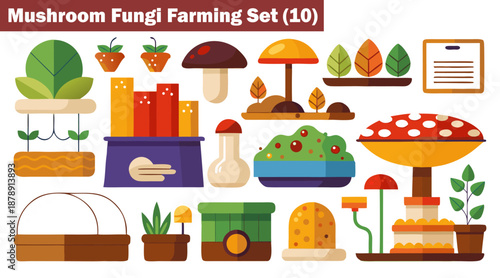 Mushroom fungi farming set ten planting equipment basket supplies Vector Illustration.