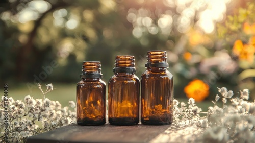 Three brown glass bottles with black caps and white flowers on a wooden table in a garden setting.