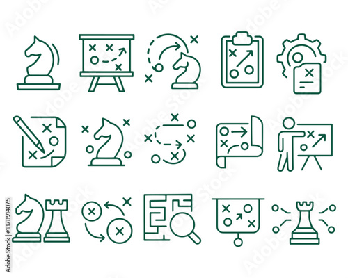 Strategy, Planning and Chess Tactics Line Icons Set