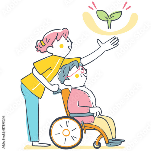 車椅子のシニア女性と介助する看護師が光る芽を見上げる様子、医療と介護の希望やリハビリの回復イメージを描いた手描き風ベクターイラスト 未来を育てる光る芽シリーズ