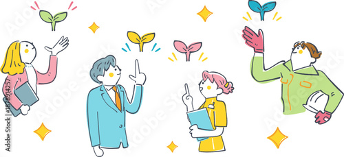 頭上に浮かぶ輝く芽を見上げる多様な職業の男女、個性の発見と人材育成や適材適所を表現した手描き風ベクターイラスト 未来を育てる光る芽シリーズ