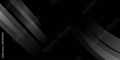 Modern black white abstract background. Minimal. Gradient. Dark grey banner with geometric shapes, lines, stripes, triangles. Design.