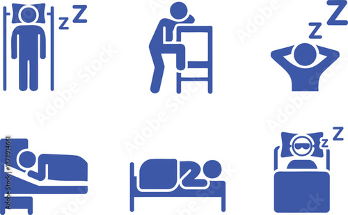 Six blue depicting people sleeping in various positions