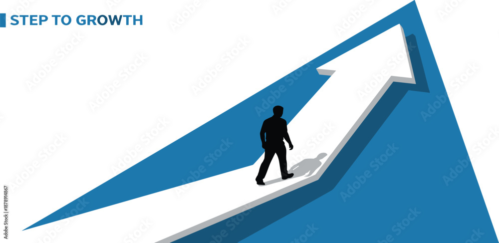 Fototapeta premium A person walking on a large arrow pointing upwards symbolizing growth and progress in a business context from a side view