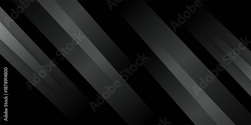 Modern black white abstract background. Minimal. Gradient. Dark grey banner with geometric shapes, lines, stripes, triangles. Design.