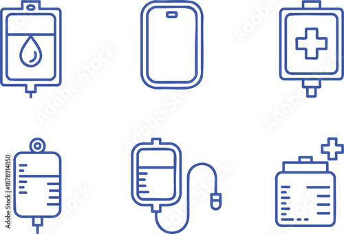 Six blue medical infusion bag on white background drip