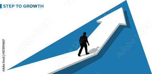 A person walking on a large arrow pointing upwards symbolizing growth and progress in a business context from a side view
