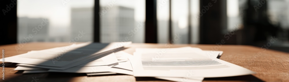 Fototapeta premium A close-up view of scattered papers on a wooden table, with sunlight casting shadows, a calm office atmosphere, urgency, limited time, responsibility