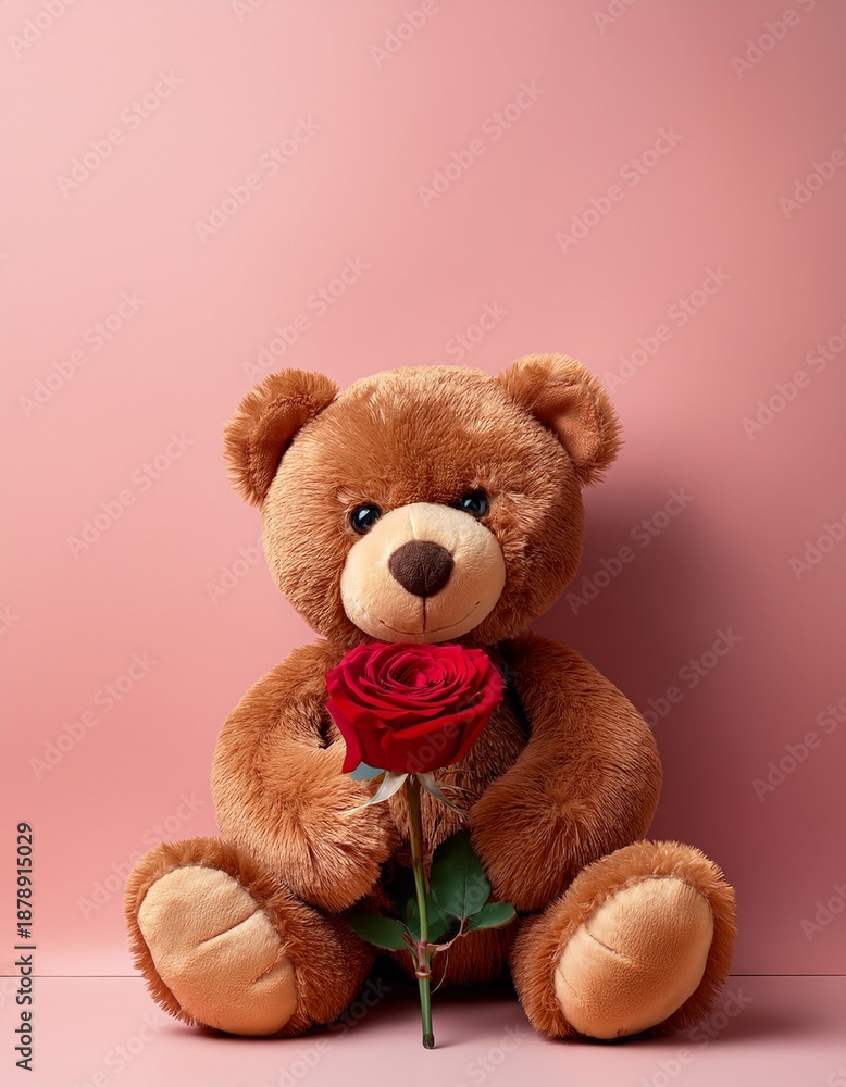 Obraz premium Valentine's day concept. Pink smiling Teddy bear plush toy holding a pink rose flower on pale pink background with copy space