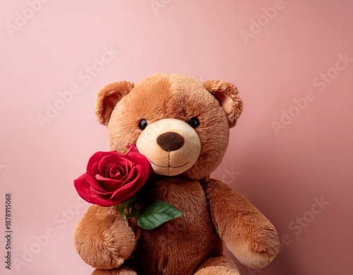 Valentine's day concept. Pink smiling Teddy bear plush toy holding a pink rose flower on pale pink background with copy space