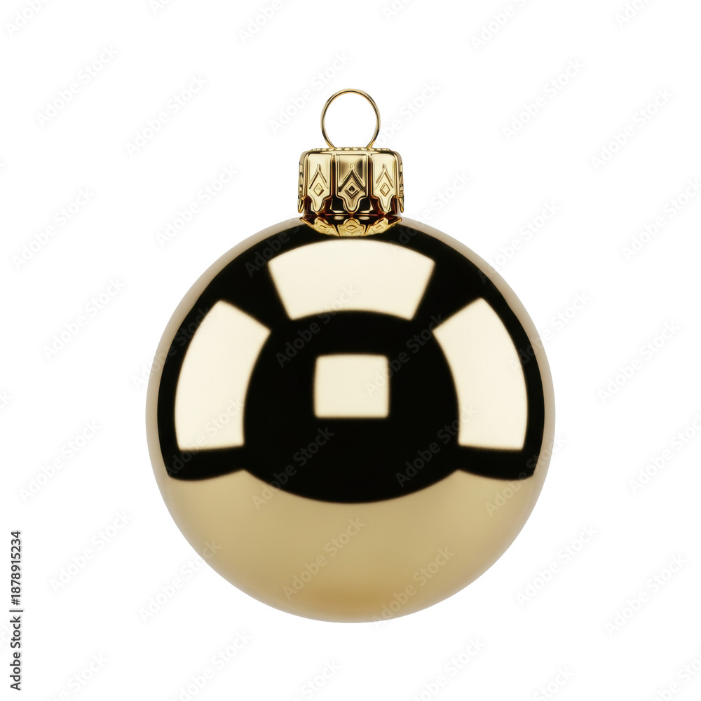 Fototapeta premium Ultra-photorealistic macro shot of a perfect, pristine 24k reflective gold sphere christmas ornament with intricate filigree cap, isolated on a transparent studio backdrop, concept of commercial