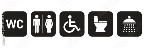 Washroom signs. Restroom or toilet door sign set gents, ladies, disabled, baby changing. WC sign. Female or male restroom. WC door plate symbol. Printable sticker. Vector illustration
