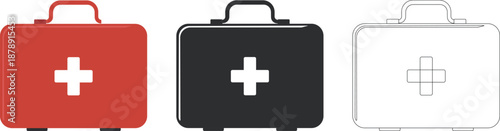 First Aid Kit Icon Set Vector – Medical Emergency Case Symbols in Red, Black and Outline